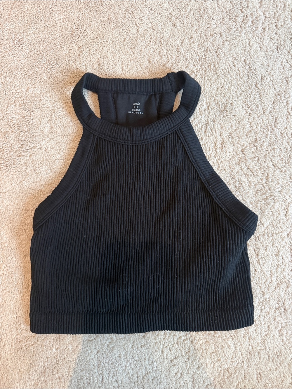 aerie Black Ribbed High-Neck Cropped Tank